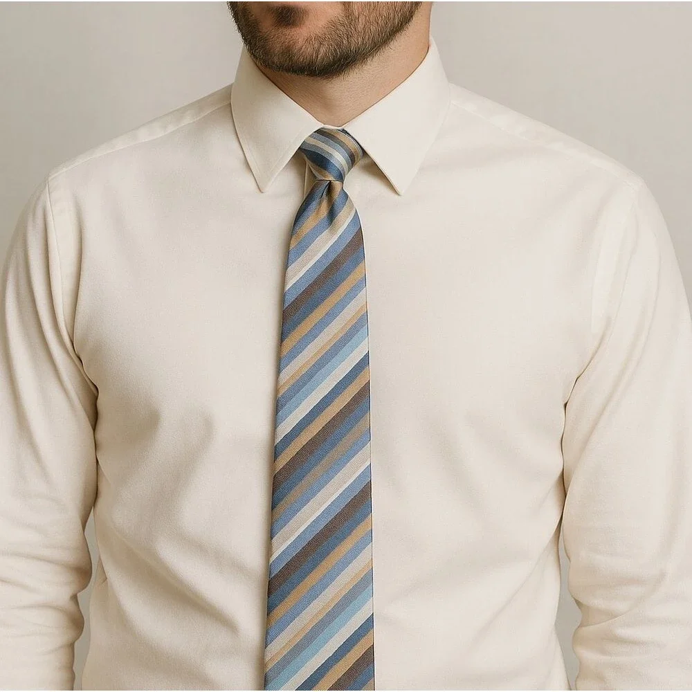 Geoffrey Beene Blue Gold Brown Striped Silk Necktie Office Meeting Upgrade Tie